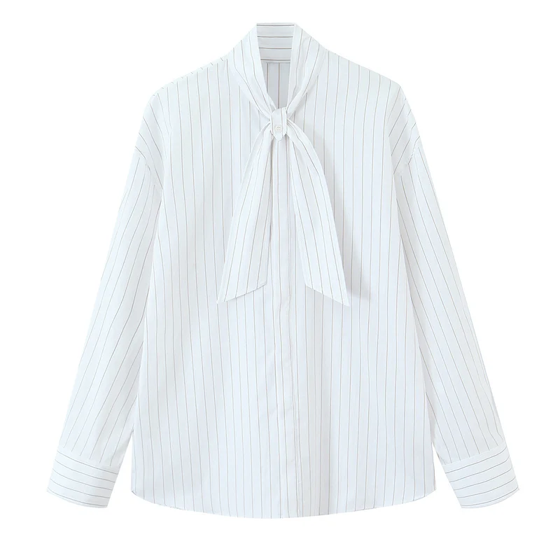 Damen Schleifenkragenbluse mit feinem Nadelstreifen und lockerer Silhouette Drune