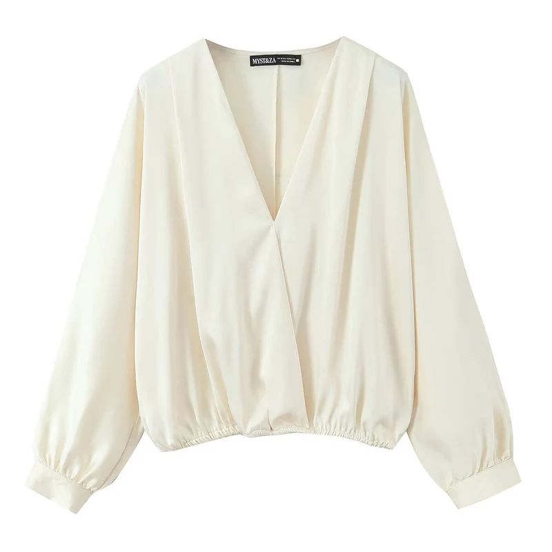 Damen Satinbluse mit tiefem Wickel-V-Ausschnitt, elastischem Saum und Ballonärmeln Drune