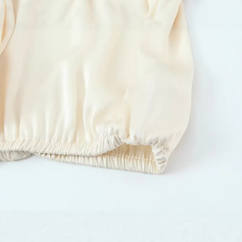 Damen Satinbluse mit tiefem Wickel-V-Ausschnitt, elastischem Saum und Ballonärmeln Drune