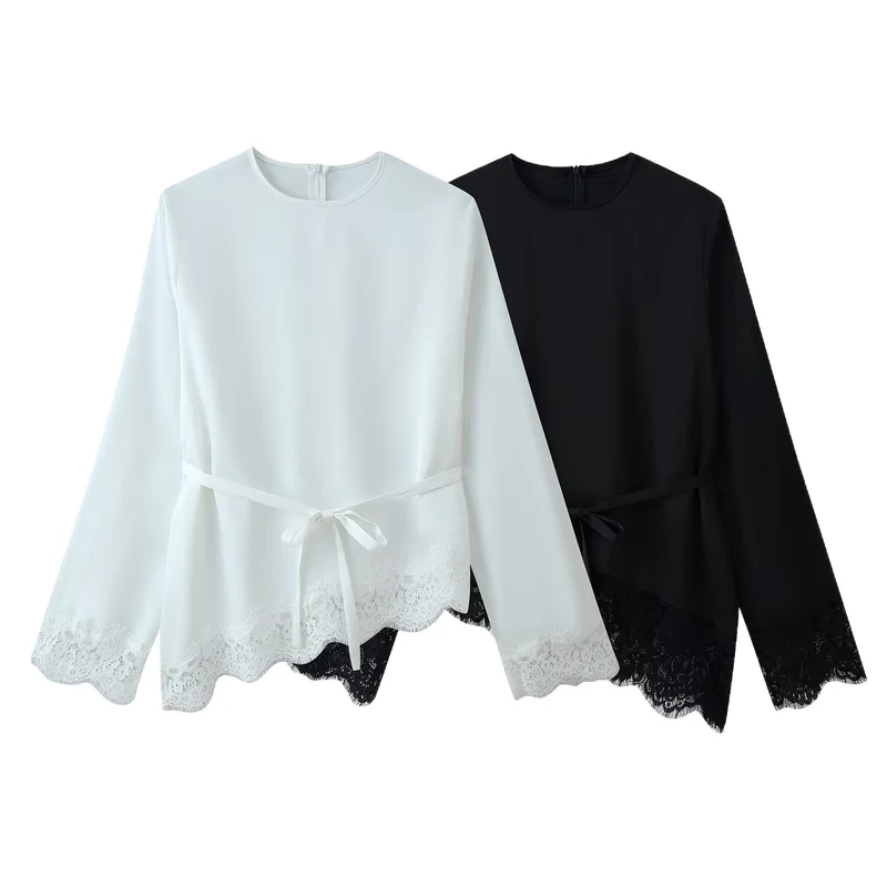 Damen Satinbluse mit Spitzenbesatz, Scallop-Saum und weitem Ärmel Drune