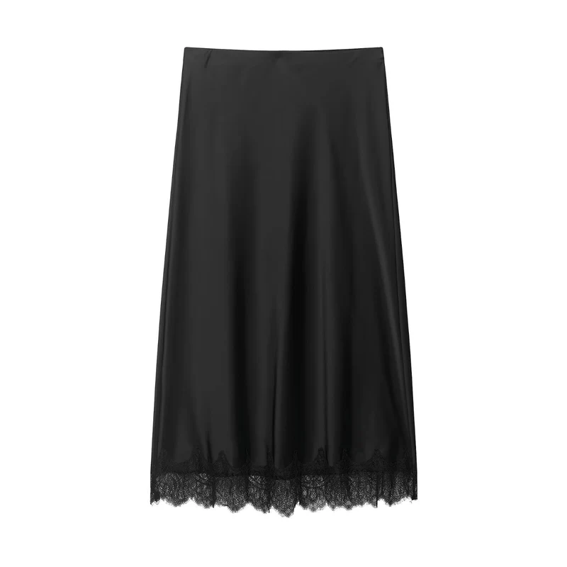 Damen Satin-Midirock mit ausgestellter A‑Linie und Spitzenbesatz Drune