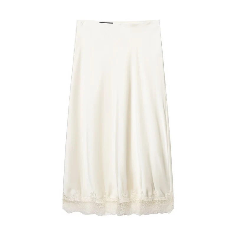 Damen Satin-Midirock mit ausgestellter A‑Linie und Spitzenbesatz Drune