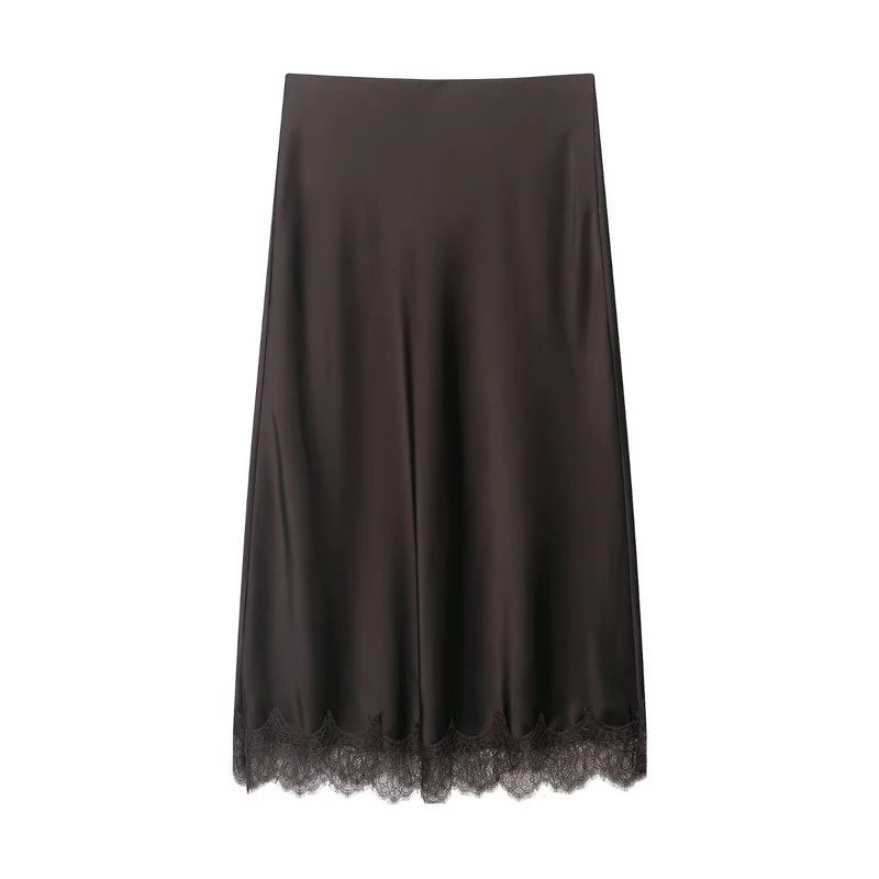 Damen Satin-Midirock mit ausgestellter A‑Linie und Spitzenbesatz Drune