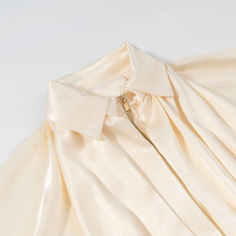 Damen Satin-Cape-Bluse mit Reißverschluss, Ballonärmeln und gerafftem Saum Drune