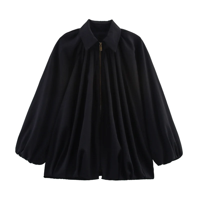 Damen Satin-Cape-Bluse mit Reißverschluss, Ballonärmeln und gerafftem Saum Drune