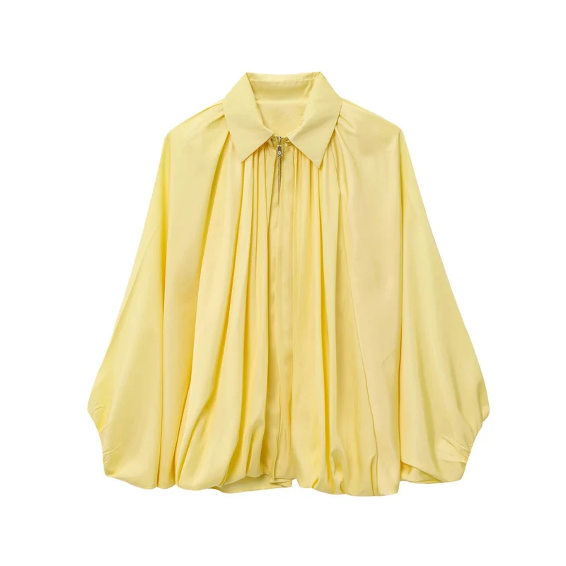 Damen Satin-Cape-Bluse mit Reißverschluss, Ballonärmeln und gerafftem Saum Drune