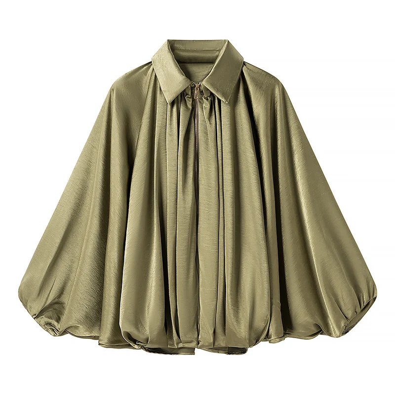 Damen Satin-Cape-Bluse mit Reißverschluss, Ballonärmeln und gerafftem Saum Drune
