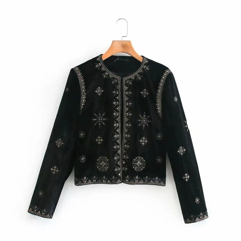 Damen Samt-Kurzjacke mit ornamentaler Perlen- und Zierstickerei Drune