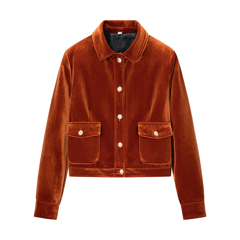 Damen Samt-Boxy-Jacke mit Pattentaschen und goldenen Zierknöpfen Drune
