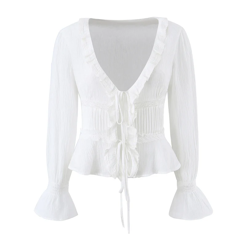 Damen Rüschige V‑Neck‑Bluse mit Taillenraffung und Glockenärmeln Drune