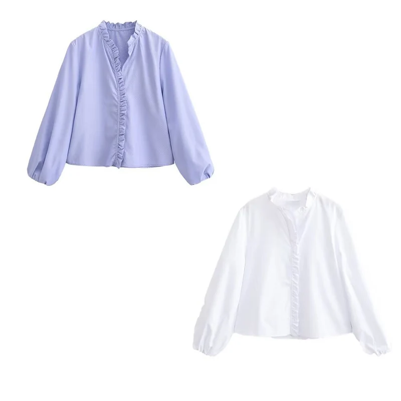 Damen Rüschenbluse mit V-Ausschnitt und Ballonärmeln Drune