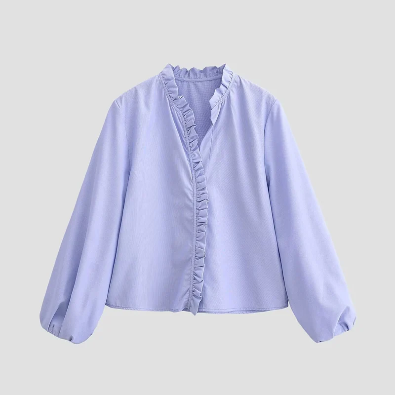 Damen Rüschenbluse mit V-Ausschnitt und Ballonärmeln Drune