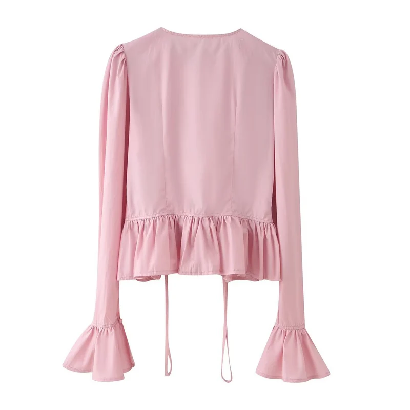 Damen Rüschenbluse mit Kordelzug, Volant-Saum und Glockenärmeln Drune