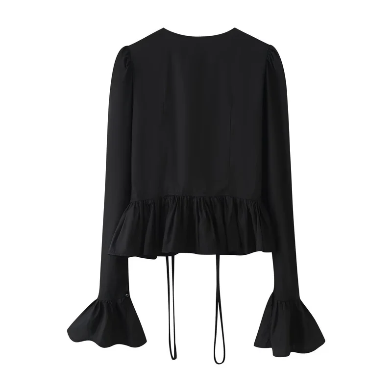 Damen Rüschenbluse mit Kordelzug, Volant-Saum und Glockenärmeln Drune