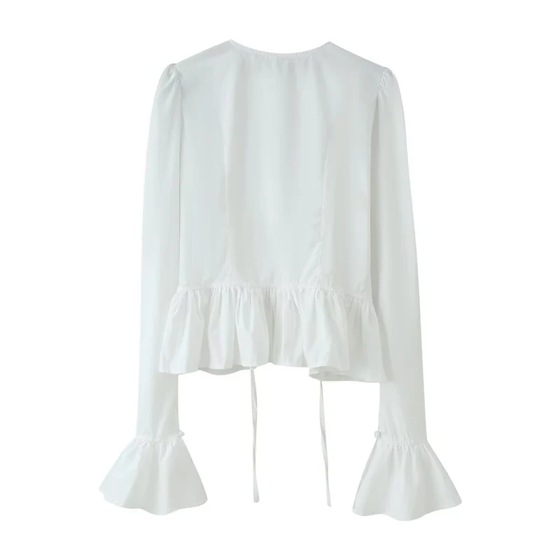 Damen Rüschenbluse mit Kordelzug, Volant-Saum und Glockenärmeln Drune