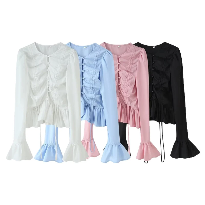 Damen Rüschenbluse mit Kordelzug, geraffter Knopfleiste und Volant-Saum Drune