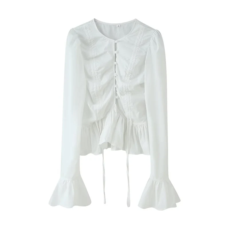 Damen Rüschenbluse mit Kordelzug, geraffter Knopfleiste und Volant-Saum Drune