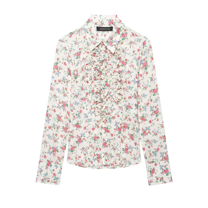 Damen Rüschenbluse mit floralem Allover-Print und Hemdkragen Drune