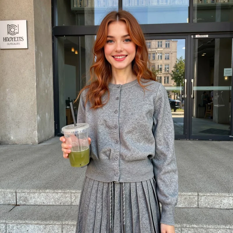 Damen Zweiteiliges Feinstrick-Set mit Knopfcardigan und plissiertem Minirock Drune