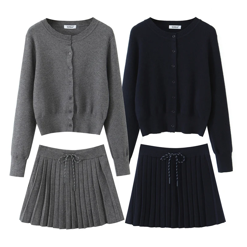 Damen Zweiteiliges Feinstrick-Set mit Knopfcardigan und plissiertem Minirock Drune