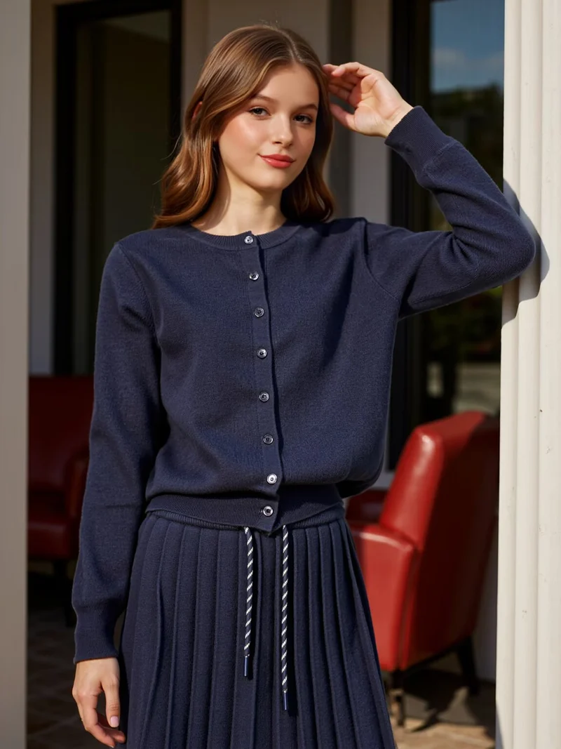 Damen Zweiteiliges Feinstrick-Set mit Knopfcardigan und plissiertem Minirock Drune