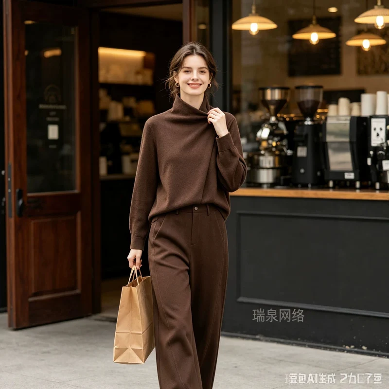 Damen Zweiteiliges Ensemble mit asymmetrischem Rollkragenoberteil und weiter Hochbundhose Drune
