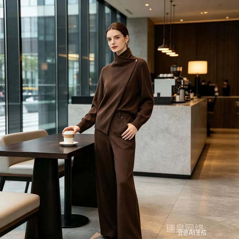 Damen Zweiteiliges Ensemble mit asymmetrischem Rollkragenoberteil und weiter Hochbundhose Drune