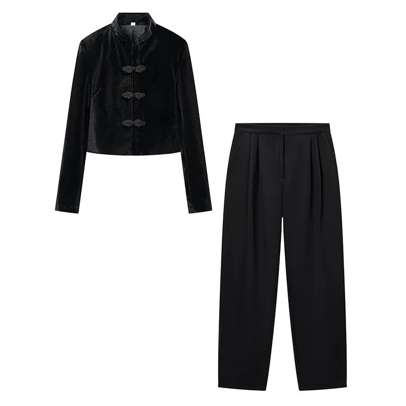 Damen Zweiteiliges Ensemble aus Kurzjacke mit Stehkragen und Froschverschlüssen und hochtaillierter Plissee-Hose Drune