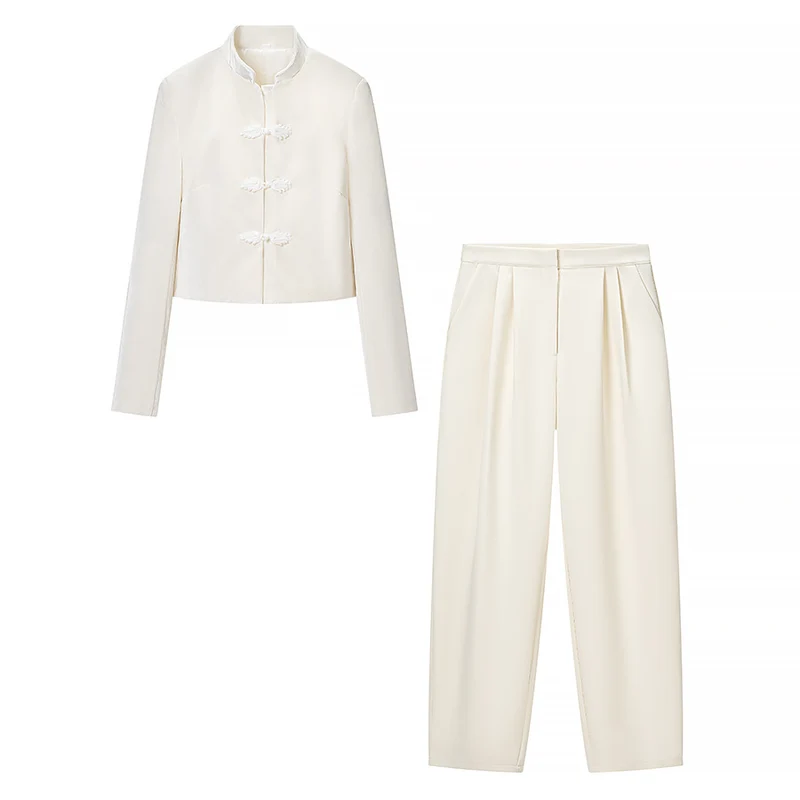Damen Zweiteiliges Ensemble aus Kurzjacke mit Stehkragen und Froschverschlüssen und hochtaillierter Plissee-Hose Drune