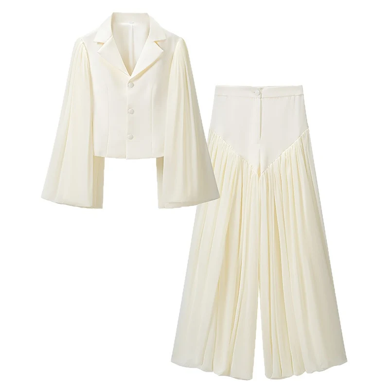 Damen Zweiteiliges Ensemble aus kurzem Blazer mit dramatischen Glockenärmeln und plissierter Palazzo-Hose Drune