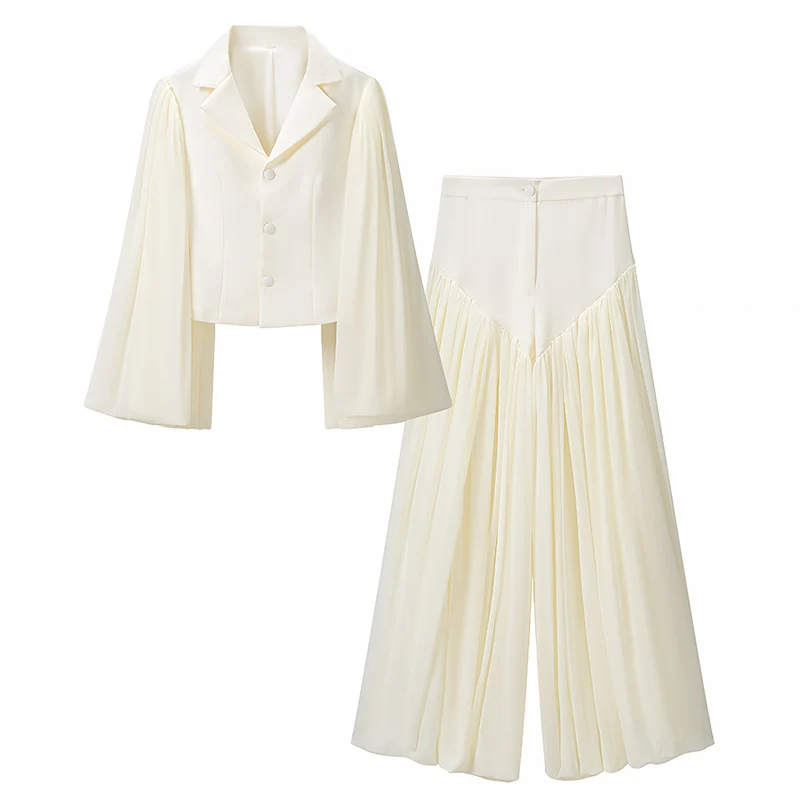 Damen Zweiteiliges Ensemble aus kurzem Blazer mit dramatischen Glockenärmeln und plissierter Palazzo-Hose Drune