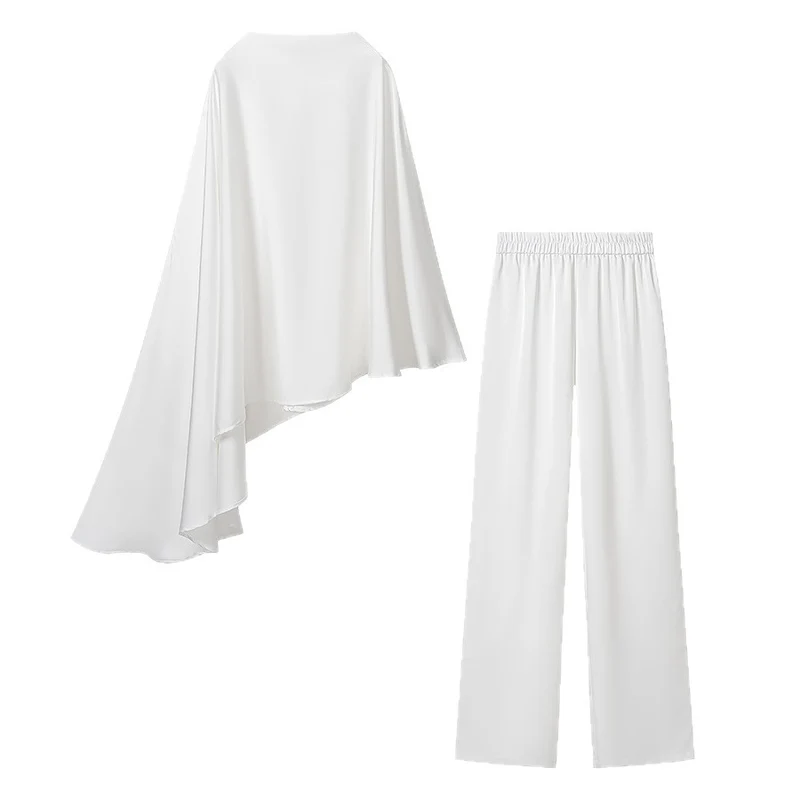 Damen Zweiteiliges Ensemble aus fließendem Cape mit asymmetrischem Saum und hochtaillierter Weitbein‑Hose Drune