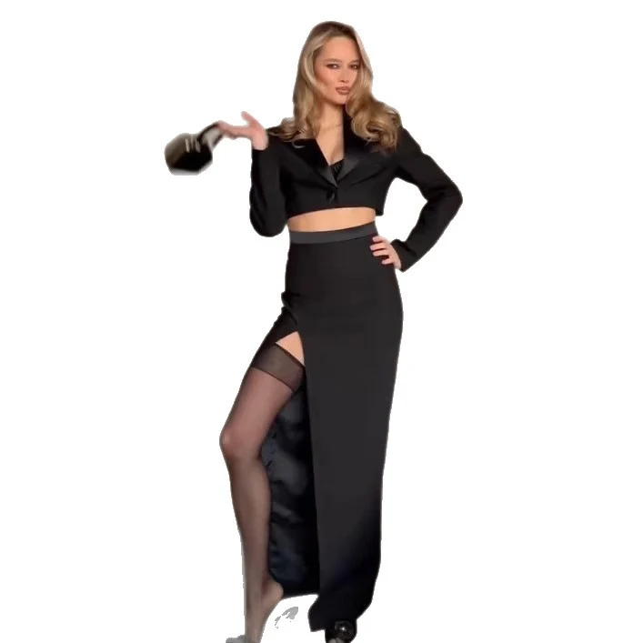Damen Zweiteiliges Cropped-Blazer- und Maxirock-Set mit hoher Taille und hohem Beinschlitz Drune