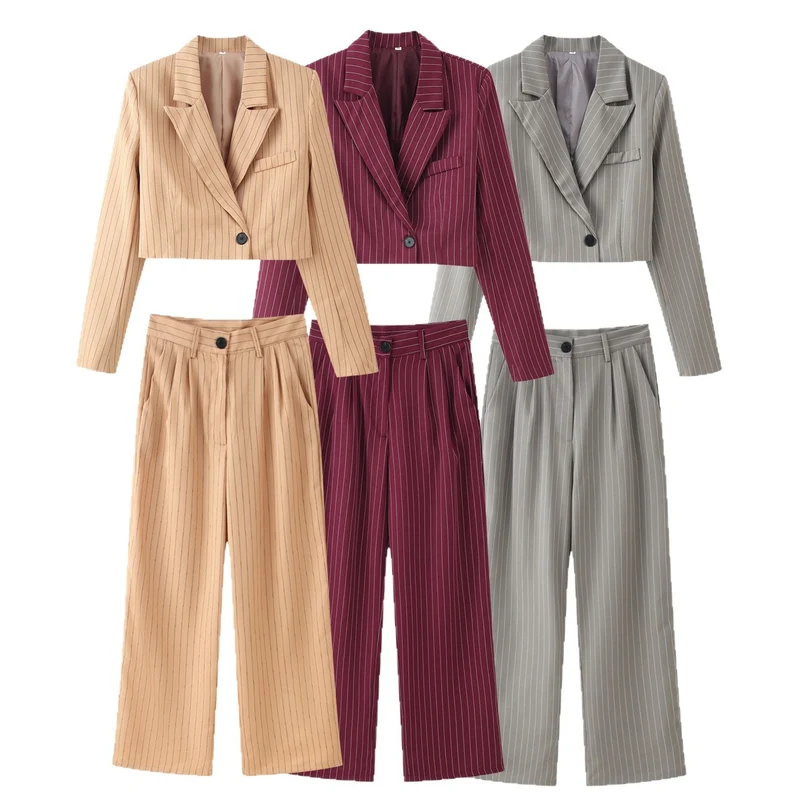 Damen Zweiteiliges Cropped-Blazer- und Hochbund-Bundfaltenhose-Set Drune