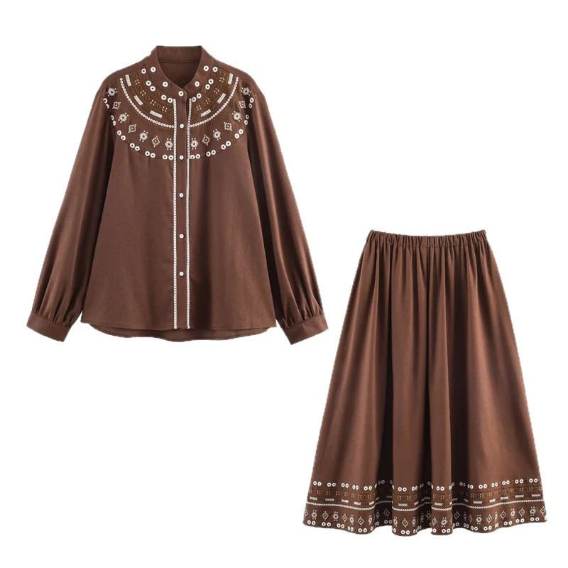 Damen zweiteiliges Blusen- und Midirock-Set mit besticktem Yoke und Pailletten Drune
