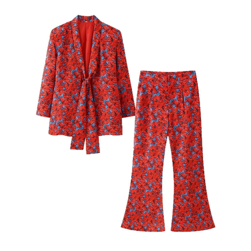 Damen Zweiteiliges Blumen-Jacquard-Blazer- und Schlaghose-Set Drune