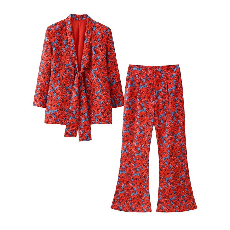 Damen Zweiteiliges Blumen-Jacquard-Blazer- und Schlaghose-Set Drune