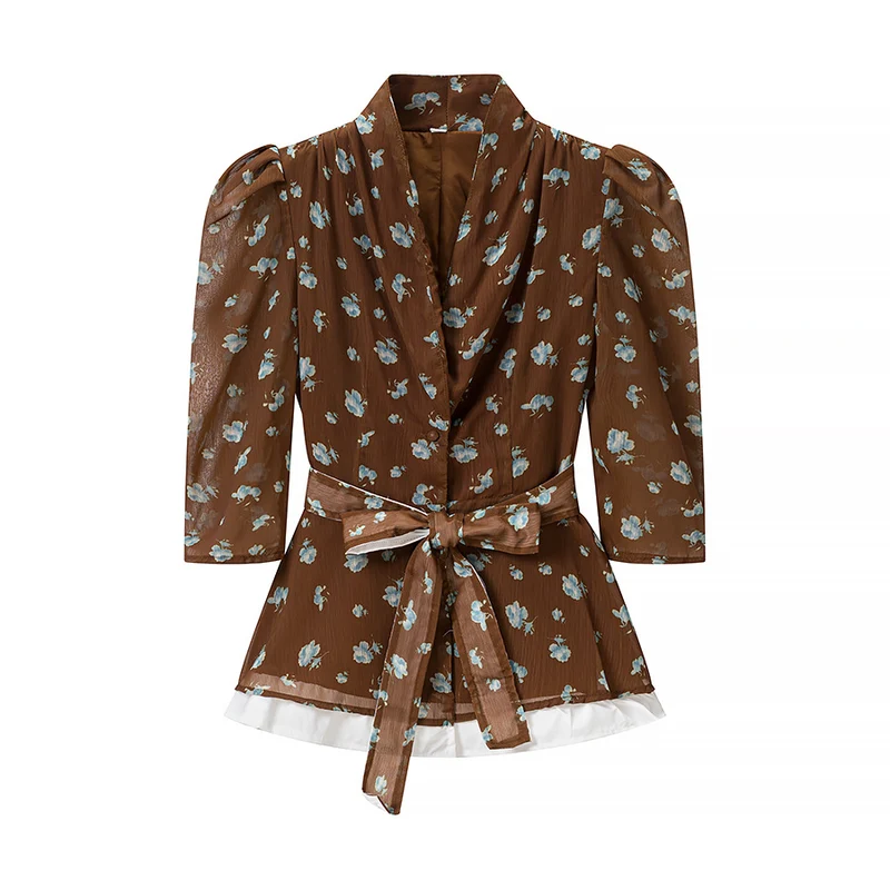 Damen Zweiteiliges Blazer-Top mit Wickelgürtel und Midirock im Vintage-Blumenprint Drune