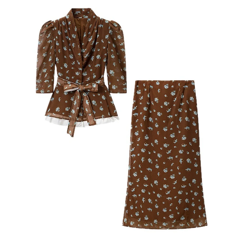 Damen Zweiteiliges Blazer-Top mit Wickelgürtel und Midirock im Vintage-Blumenprint Drune
