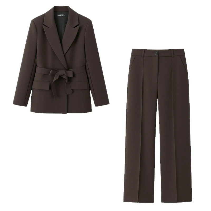 Damen Zweiteiliges Blazer-Set mit Wickelgürtel und weiter Bundfaltenhose Drune