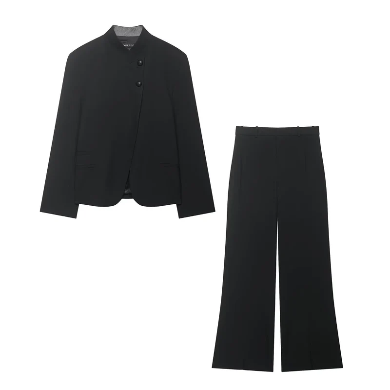Damen Zweiteiliges Anzugs-Set mit Kurzblazer im Mandarinkragen und Highwaist-Weitbein-Hose Drune