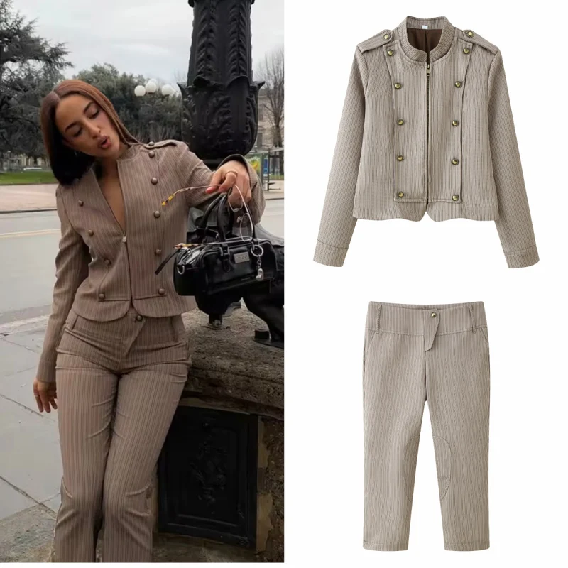 Damen Zweiteiliger taillierter Nadelstreifen-Anzug mit Reißverschlussblazer und Highwaist-Hose Drune