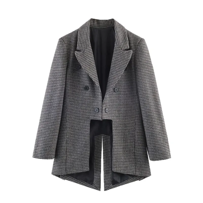 Damen Zweireihiger Hahnentritt-Longblazer mit Schwalbenschwanz-Saum Drune