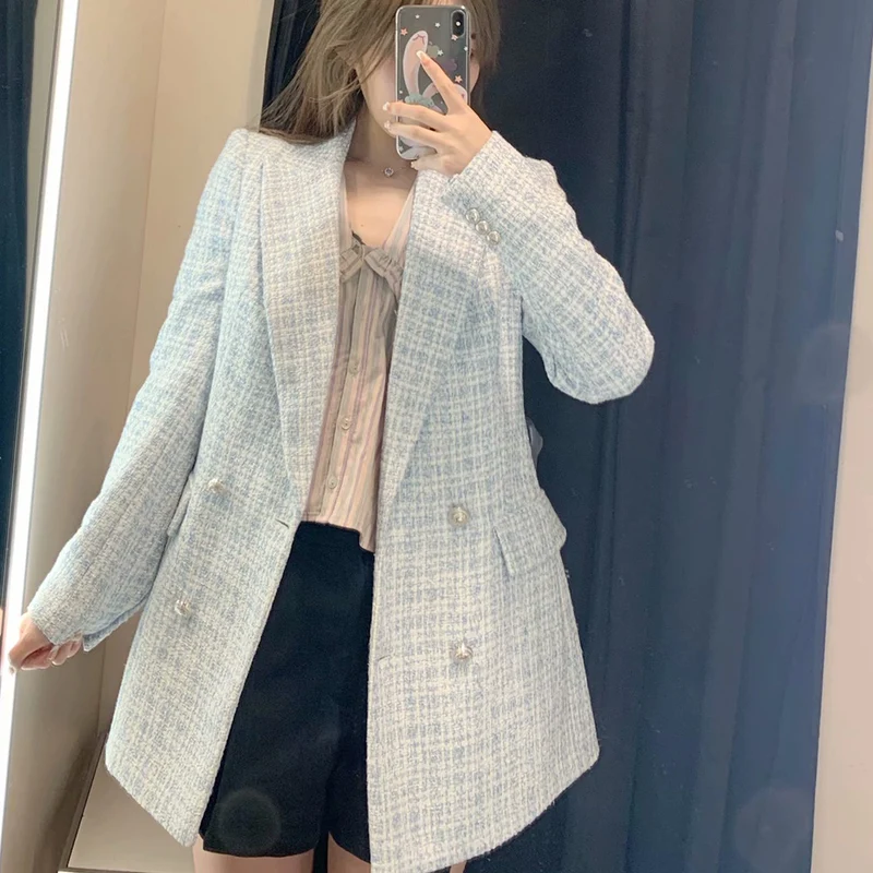 Damen Zweireihiger Bouclé-Blazer mit taillierter Silhouette und Pattentaschen Drune