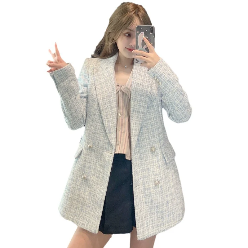 Damen Zweireihiger Bouclé-Blazer mit taillierter Silhouette und Pattentaschen Drune