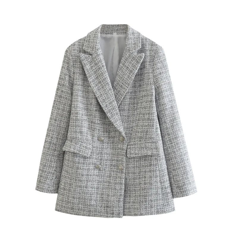 Damen Zweireihiger Bouclé-Blazer mit taillierter Silhouette und Pattentaschen Drune