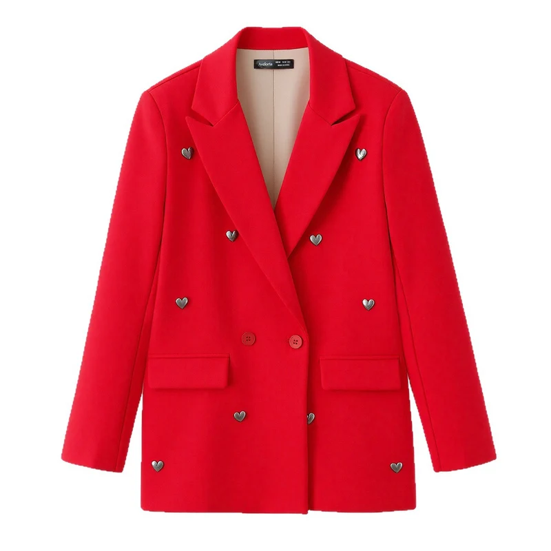 Damen Zweireihiger Blazer mit Herz‑Metalldetails und Pattentaschen Drune