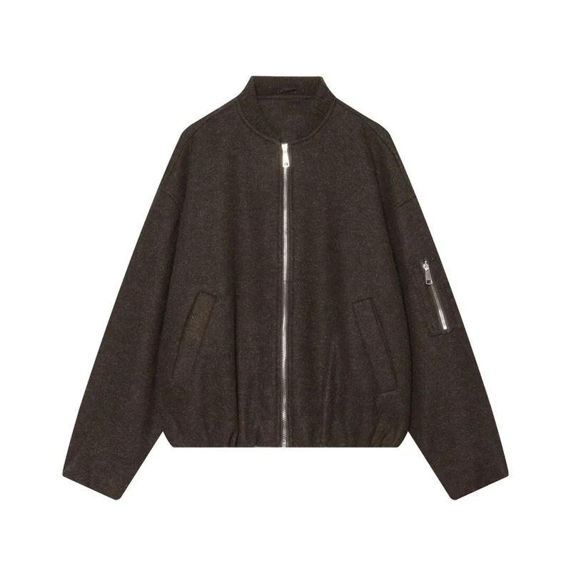 Damen Wollmix‑Bomberjacke im Oversized‑Boxy‑Schnitt mit Reißverschluss und Ärmeltasche Drune