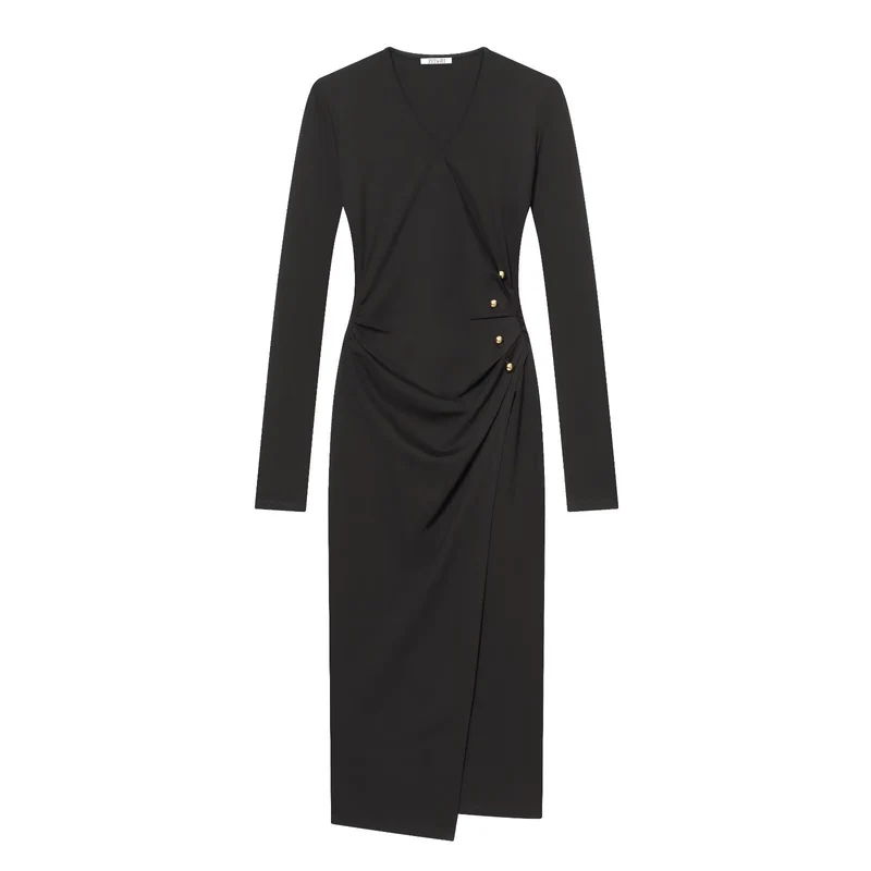 Damen Wickelkleid mit Drapierung, seitlicher Zierknopfleiste und V-Ausschnitt Drune