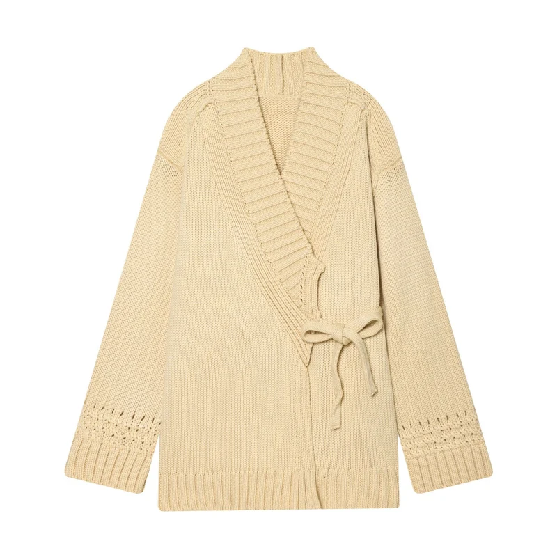 Damen Wickelcardigan mit Schalkragen, Grobstrick und Bindegürtel Drune